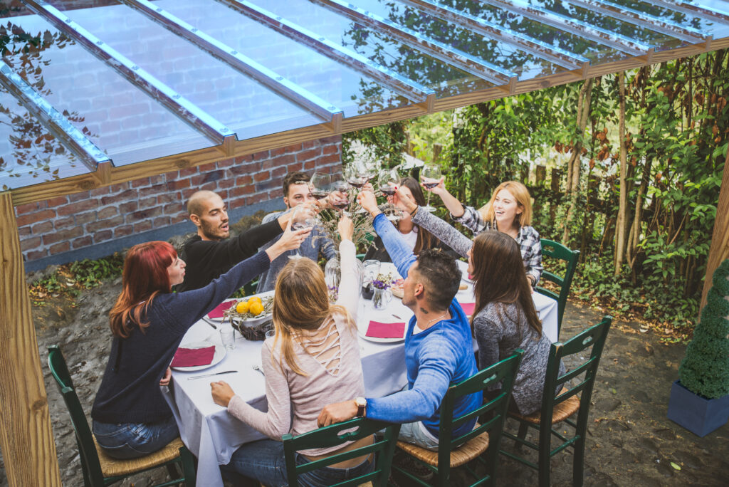 Group of friends at restaurant outdoors - People having dinner in a home garden.1109203484
1109203484
lunch,  friendship,  happy,  comitive,  enjoying,  smile,  glasses,  fall,  happiness,  men,  buffet,  eat,  speak,  talk,  event,  conversation,  table,  group,  sit,  having,  dining,  festive,  restaurant,  italian,  dinner,  look,  people,  drink,  food,  friends,  home,  mediterranean,  celebration,  nutrition,  cafe,  bonding,  brunch,  toasting,  aperitif,  garden,  multiethnic,  family,  fun,  party,  wine,  women,  farm holidays,  Adult,  Chair,  Countryside,  Female,  Nature,  Outdoors,  People,  Person,  Woman,  Wristwatch